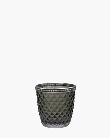 Tealight holder in smoked glass with silver pearl edging on white background