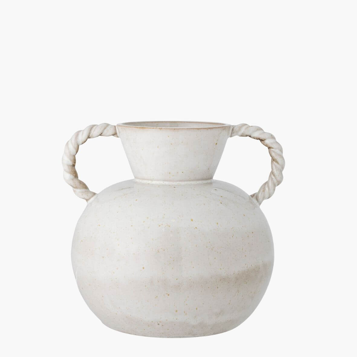White stoneware vase with handles on white background