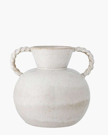 White stoneware vase with handles on white background
