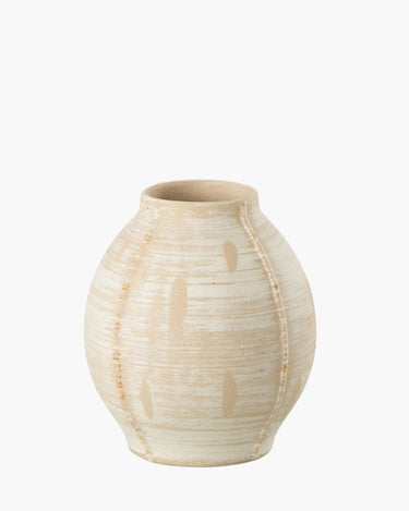 Beige and cream ceramic vase on white background