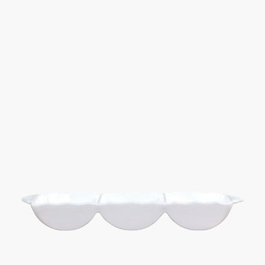 White ceramic serving dish with 3 compartments on white background