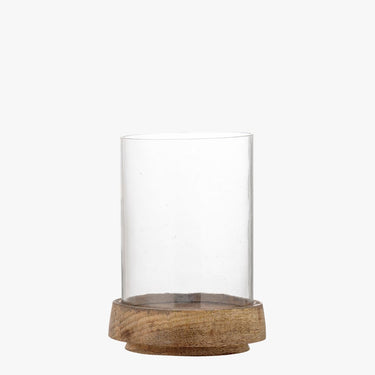 CANDLE HOLDER, GLASS SURROUND /MANGO WOOD BASE