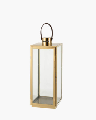 Gold Lantern with glass panels and leather strap for carrying on white background