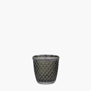 Tealight holder in smoked glass with silver pearl edging on white background