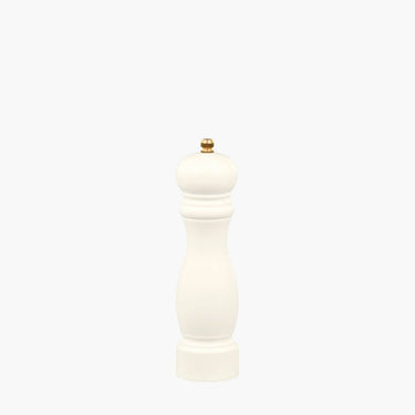 White wooden salt/pepper mill with gold screw on white background