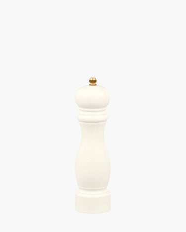 White wooden salt/pepper mill with gold screw on white background
