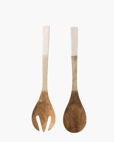 Salad server set in mango wood with white glazed handle on white background