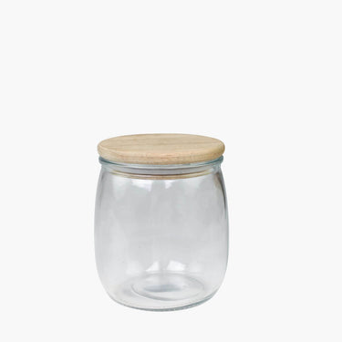 Glass storage jar with wooden lid on white background