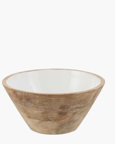 Mango wood bowl with white glaze inside on white background