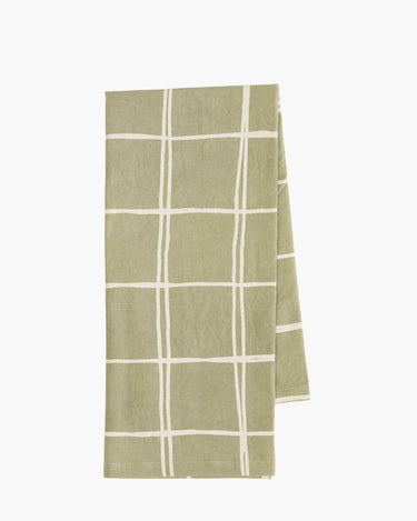 Green Tea towel with cream check decor on white background