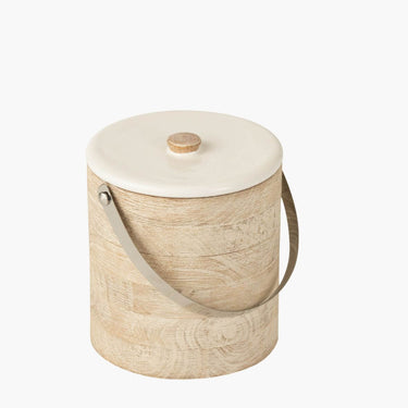 Ice bucket in mango wood with white ceramic lid on white background