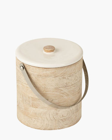 Ice bucket in mango wood with white ceramic lid on white background