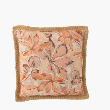 Beige pink and cream large floral cushion with jute edging on white background