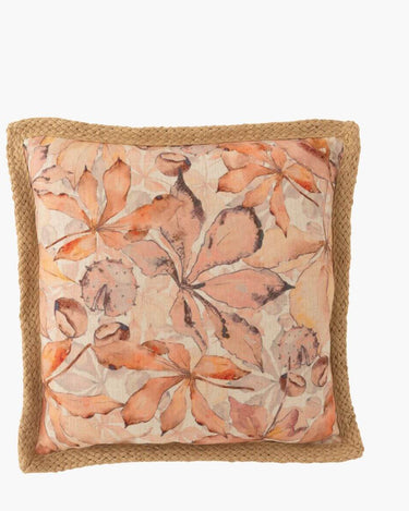 Beige pink and cream large floral cushion with jute edging on white background