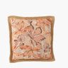 Beige pink and cream large floral cushion with jute edging on white background