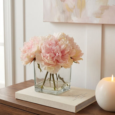 PINK PEONY ARRANGEMENT IN CUBED GLASS VASE