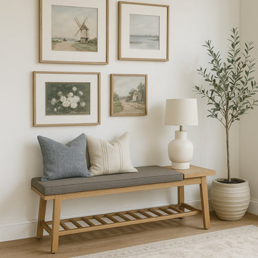 WOODEN BENCH IN RUBBERWOOD WITH CUSHION