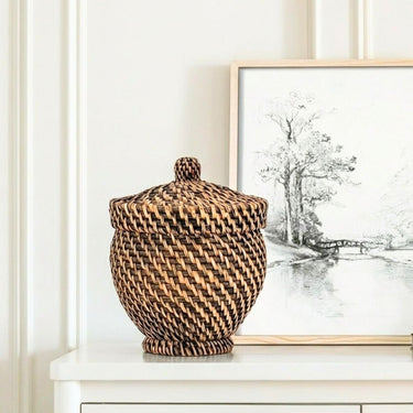 LAUREL BASKET WITH LID, WOVEN RATTAN