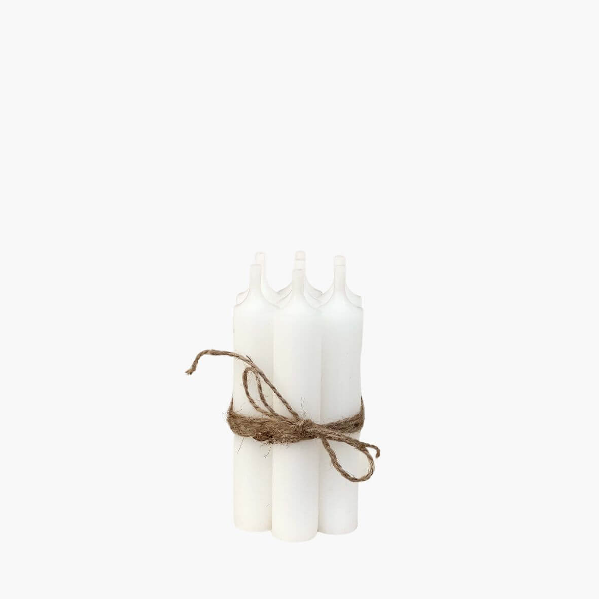 Bunch of 7 short dinner candles wrapped in jute on white background