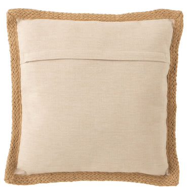 Peach, pink and beige floral cushion with jute surround and zipper on white background