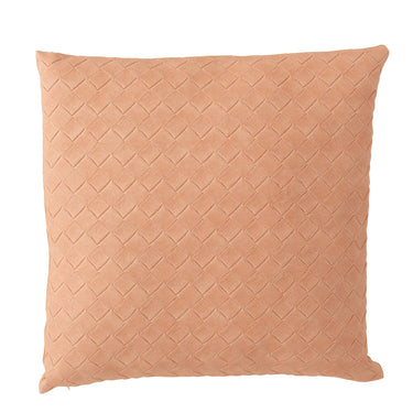 Pink woven cushion in faux leather with zipper on white background