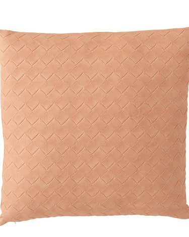 Pink woven cushion in faux leather with zipper on white background