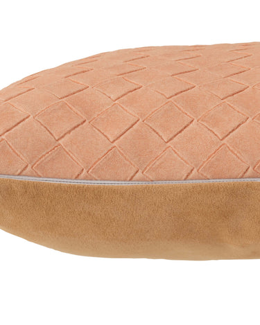 pink woven cushion in faux leather with zipper