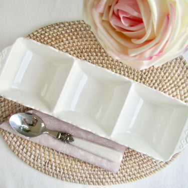 French style white serving dish with 3 compartments in lifestyle photo
