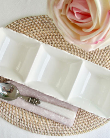 French style white serving dish with 3 compartments in lifestyle photo