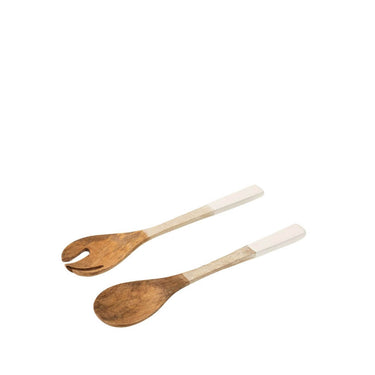 Salad server kit in mango wood with white glaze finish on white background