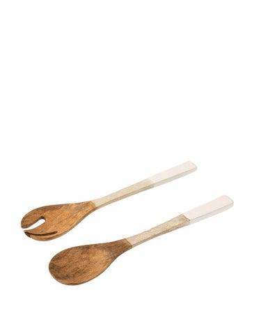 Salad server kit in mango wood with white glaze finish on white background