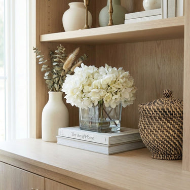 WHITE HYDRANGEA ARRANGEMENT IN CUBED GLASS VASE