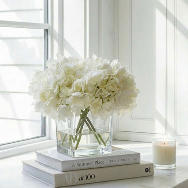 WHITE HYDRANGEA ARRANGEMENT IN CUBED GLASS VASE